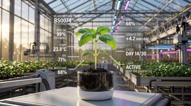 Small plant growing in a modern greenhouse with digital data information overlays