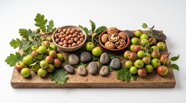 Wild apples, roasted walnuts, hazelnuts and ancient Ogham rune stones isolated on white background