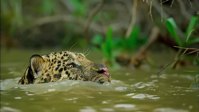 Majestic jaguar swims through murky water surrounded by lush green foliage