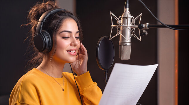 Voice actress recording audio in professional studio booth. Young woman wearing headphones and reading script while speaking into condenser microphone.