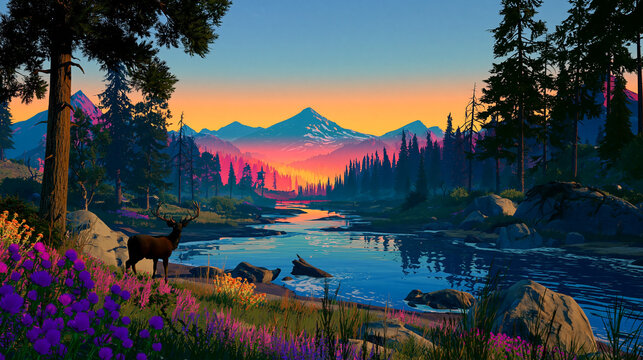 Wild deer standing by river in mountain landscape at sunset