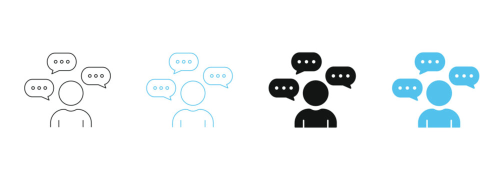 User communication icons, person with speech bubbles in outline and solid styles