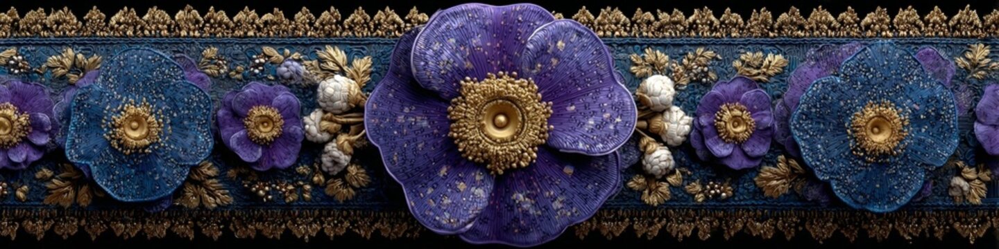 A regal floral border design featuring deep purple flowers with golden centers and intricate ornamental details on a dark background.