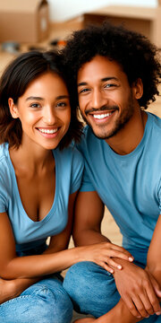 Smiling young couple sitting together at home surrounded by moving boxes showing happiness, relationship and new home lifestyle