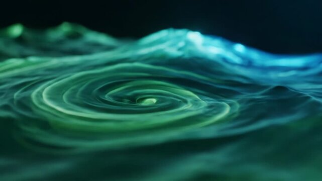 Abstract digital landscape with glowing blue and green waves and light peaks