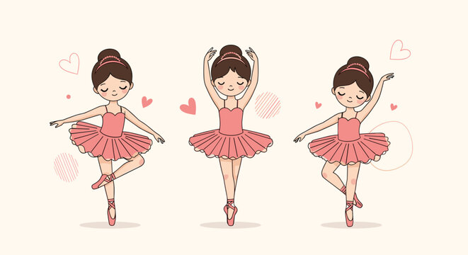 Group of three adorable little ballerinas in pink tutus performing graceful ballet dance moves on a light background.
