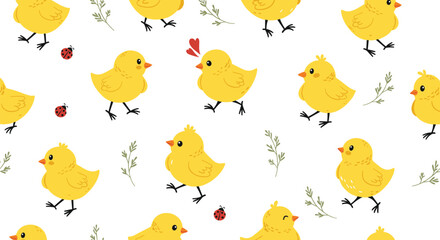 Fototapeta premium Cute yellow chick seamless pattern featuring little birds walking and standing with small ladybugs and green garden sprigs.
