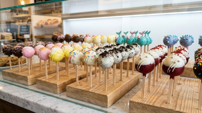 Colorful cake pops on wooden stands in a bakery display case for sale as delicious sweet treats and party snacks