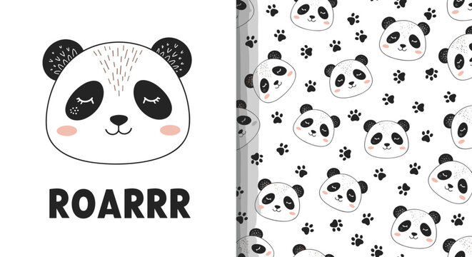 Cute panda bear illustration with a matching seamless pattern of panda faces and small paw prints on a white background.