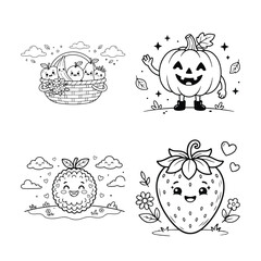 Fototapeta premium Cute Kawai Fruits Coloring Page Smiling Fruit Basket and Pumpkin Line Art