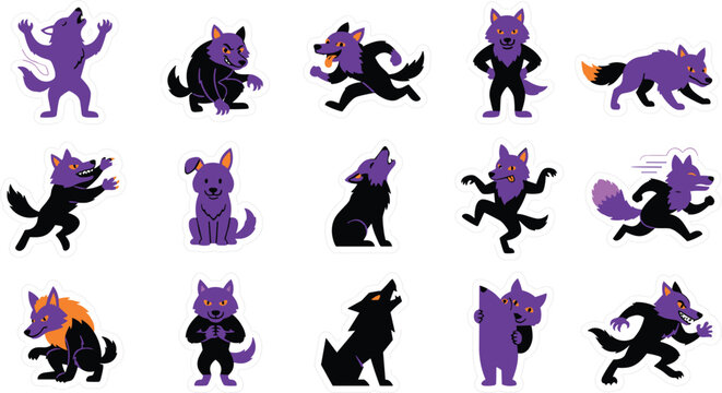 Set of cartoon werewolf characters, funny monsters in different poses, howling, running, jumping, aggressive and friendly wolves