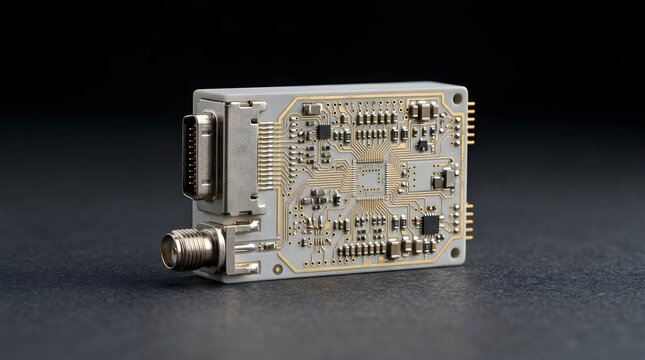 Macro view of an electronic PCB connector module with gold traces and micro components, representing industrial electronics, embedded systems, and modern hardware engineering.


