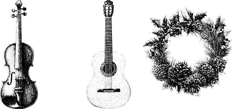 Vintage stipple musical instrument trio with violin guitar and pine wreath for winter holiday poster and seasonal background design