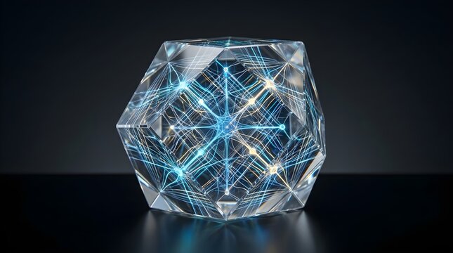 Transparent faceted crystal polyhedron filled with glowing blue and gold network lines, symbolizing AI connectivity, data exchange, quantum computing, and futuristic technology.


