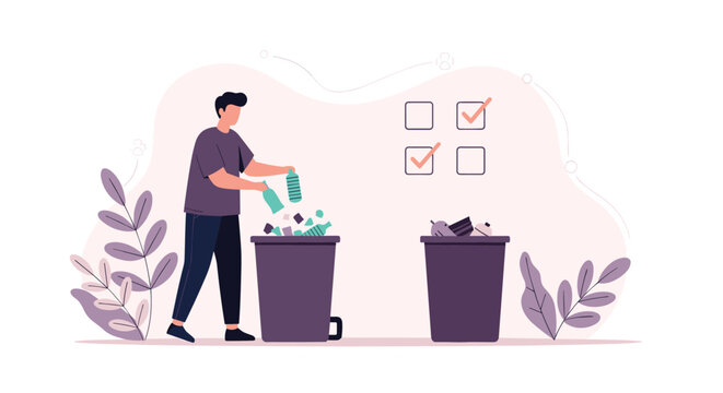 Conscious man sorting garbage by putting plastic bottles in recycle bin with checkmark lists for environmental protection.