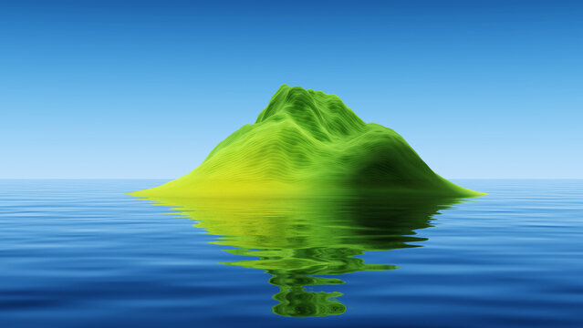 Bright gradient mountain island with blue water reflection.