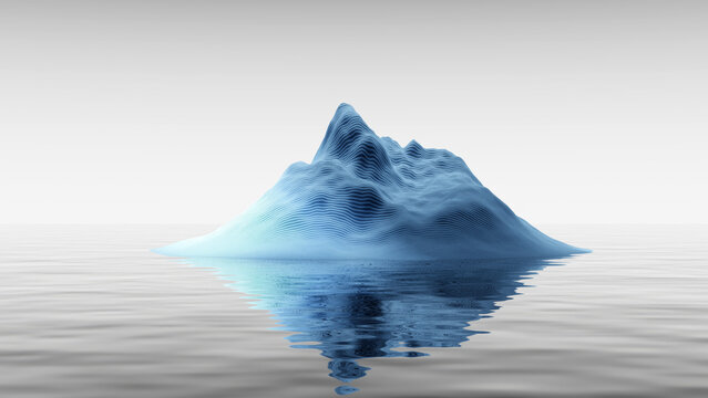 Blue gradient mountain island with soft water reflection.