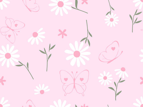 Cute daisy flowers and butterflies seamless pattern with delicate green leaves on pastel pink background, charming spring floral design for fabric, wallpaper and stationery.