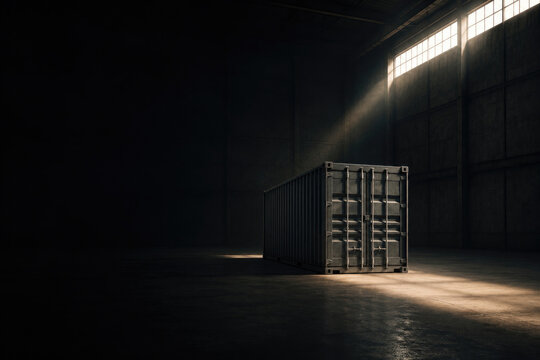 Closed shipping container stands alone inside a dark warehouse. Space for text.