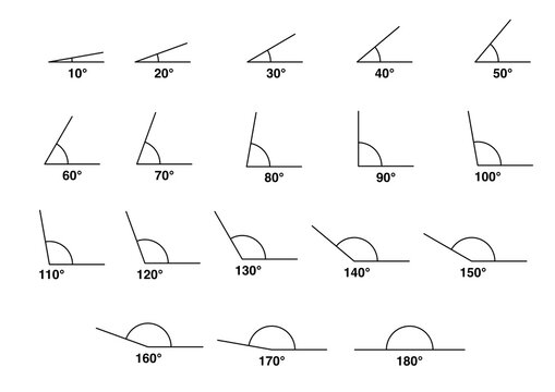 Different angles degrees icon set from 10 to 180 degree.10,20,30,40,50, 60,70,80,90,100,110,120,130,140, 150,160,170 and 180 degree icon set.. Angles set for math theachers