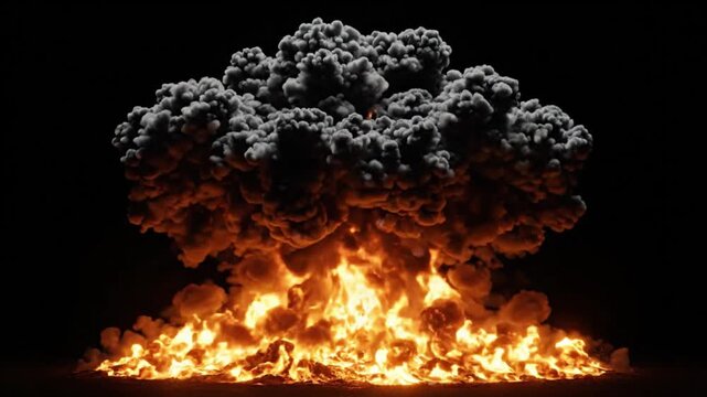 Massive fire explosion with smoke and flames against dark background dynamic energy release