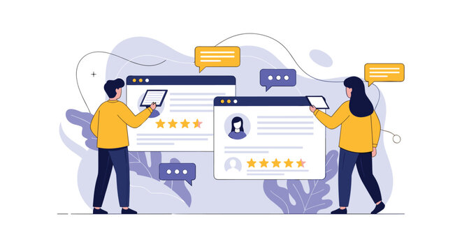 Professional man and woman analyzing digital customer feedback forms and positive five star ratings on large screens.