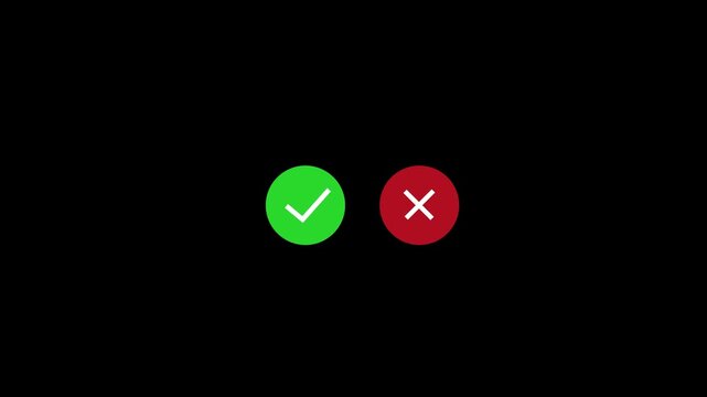 Green check mark and red x cross circle icons animation for approval and rejection,video footage of yes or no, true or false with alpha channel