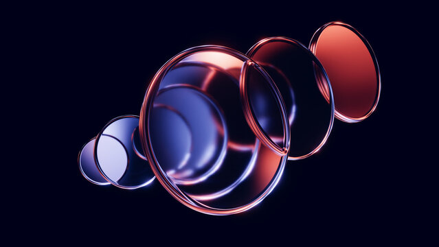 Floating glass discs with blue and copper premium reflections.