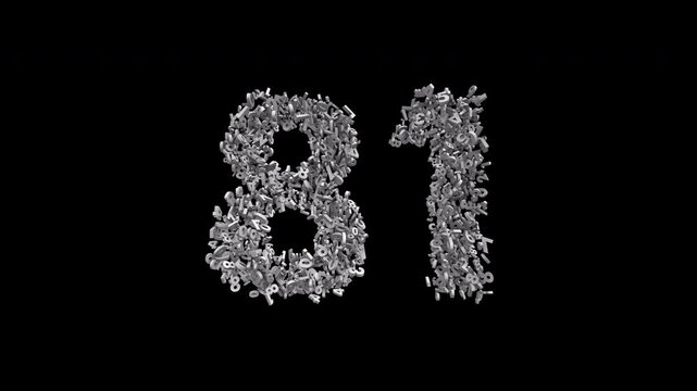 Number 81 Formed by Small Digits Animation with Alpha Channel. Typographic Number Formation Effect. Digital Number Made of Numbers. 3D Font Typographic Animation. Transparent BG