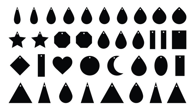 Collection of various black jewelry earring pendant shapes including teardrops stars hearts circles triangles and rectangles with small holes for hanging