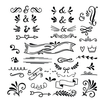 Handdrawn collection of vintage decorative elements including ampersands banners scrolls flourishes arrows heart crown and botanical flourishes for scrapbooking and design
