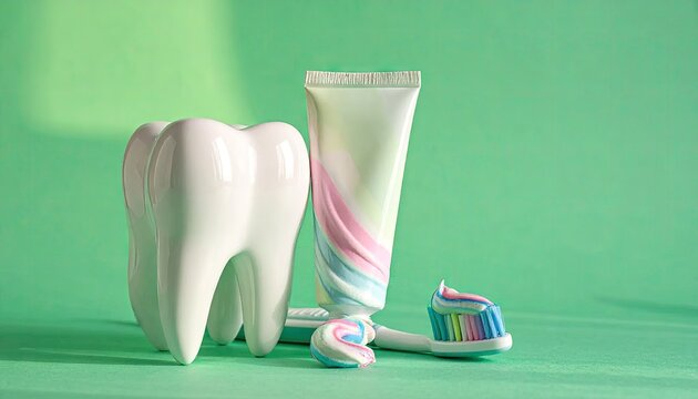Giant tooth model with toothpaste and toothbrush on green.