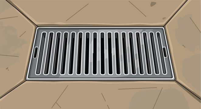 Metal grate in pavement, draining water from streets