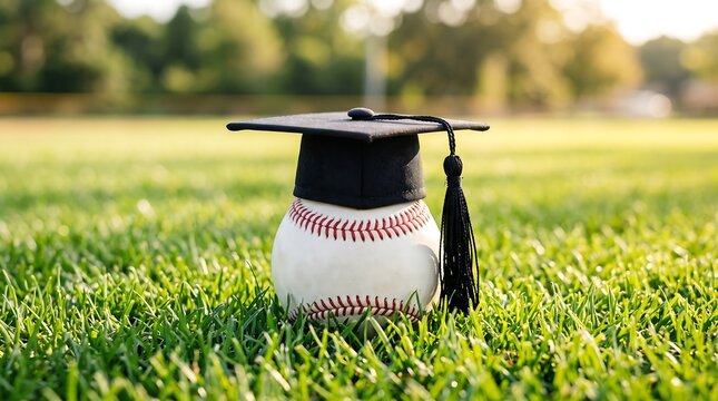 Baseball with graduation cap on grassy field representing athletic and academic achievement, baseball