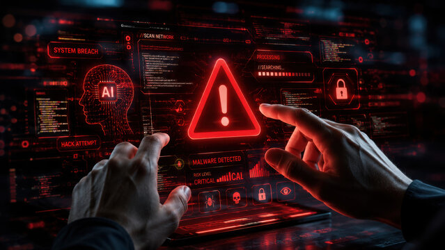 Futuristic cybersecurity concept featuring a critical system warning, malware detection, and red alert interface. Represents a data breach, ransomware attack, and automated AI defense response. Corpus