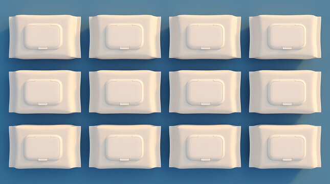 Arrangement of twelve unopened wet wipe packages neatly arranged in a grid formation on a vibrant blue surface perfect for consumer goods marketing and product display visuals