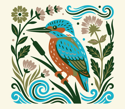 Folk art vector illustration of a decorated kingfisher perched on a reed surrounded by a symmetric frame of wildflowers, cattails, and water waves in a traditional style