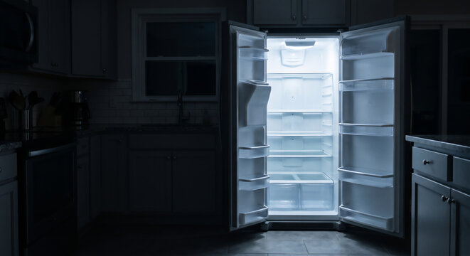Brightly lit empty open refrigerator in a dark kitchen at night