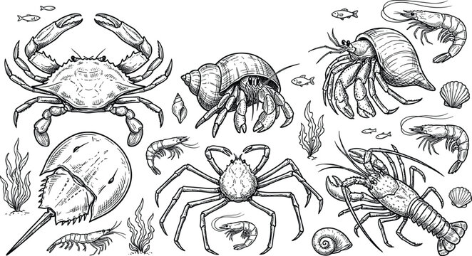 Vintage crustacean set with crab hermit crab lobster shrimp horseshoe crab spider crab line art vector illustration.