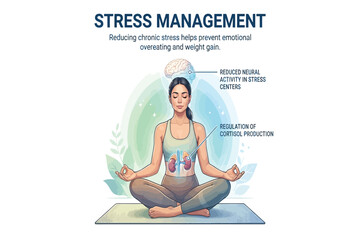 Obraz premium Meditation illustration shows stress reduction and cortisol regulation for emotional balance.