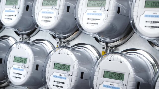 Digital electric meters in a row measuring power use Looped 3d animation