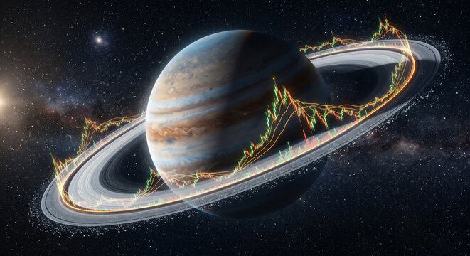 Financial stock market candlestick charts orbiting a ringed planet in space