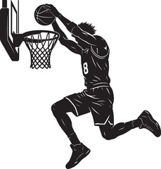 Obraz premium Black and white silhouette of a basketball player wearing jersey number 8, performing a powerful slam dunk into a basketball hoop with a net