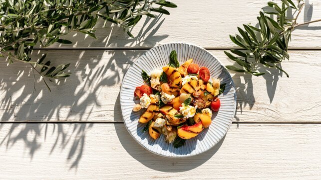 A bright coastal-inspired lunch setup featuring grilled peach salad on whitewashed wood with soft shadows from olive branches