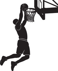 Black silhouette of a basketball player performing a slam dunk, jumping towards the hoop and net to score a point, isolated on a white background © BeCoolOk