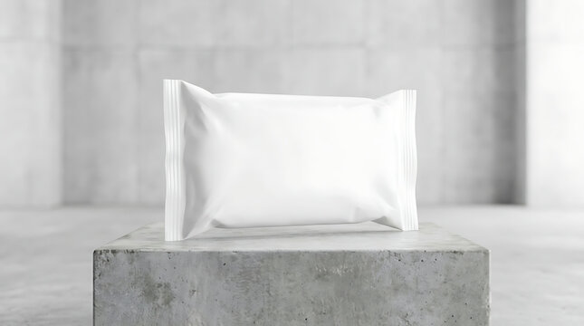 Blank White Snack Packaging Wrapper Displayed Centered on a Concrete Pedestal in a Minimalist Studio Environment