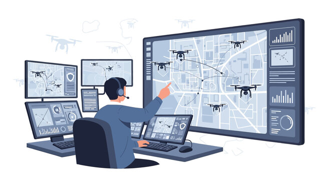 Drone control center: operator monitoring fleet on digital map