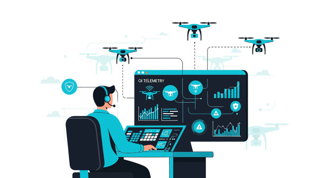 Drone Control Center: Operator monitors fleet on futuristic dashboard with data visualization