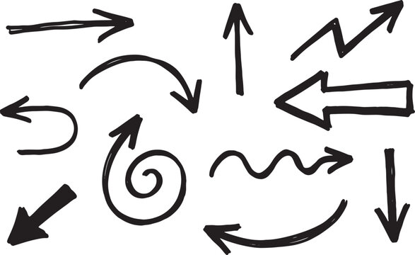 Black curved arrows, circles, and zigzags on white background, line