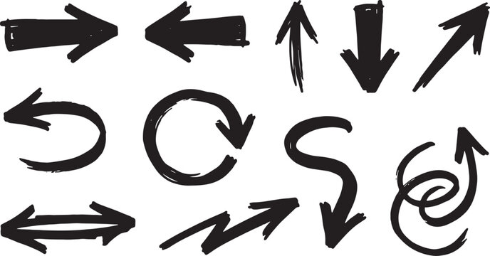 Black directional arrows and arrows in circle on white background, movement symbol